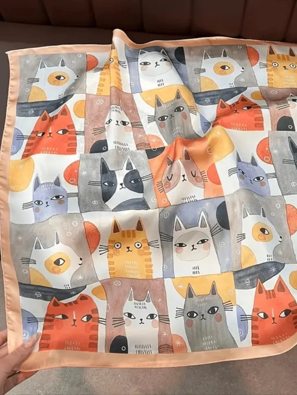 Silk-feel Playful Multicolor Cat Print Peach Square Scarf Head Scarf ,Neck Scarf